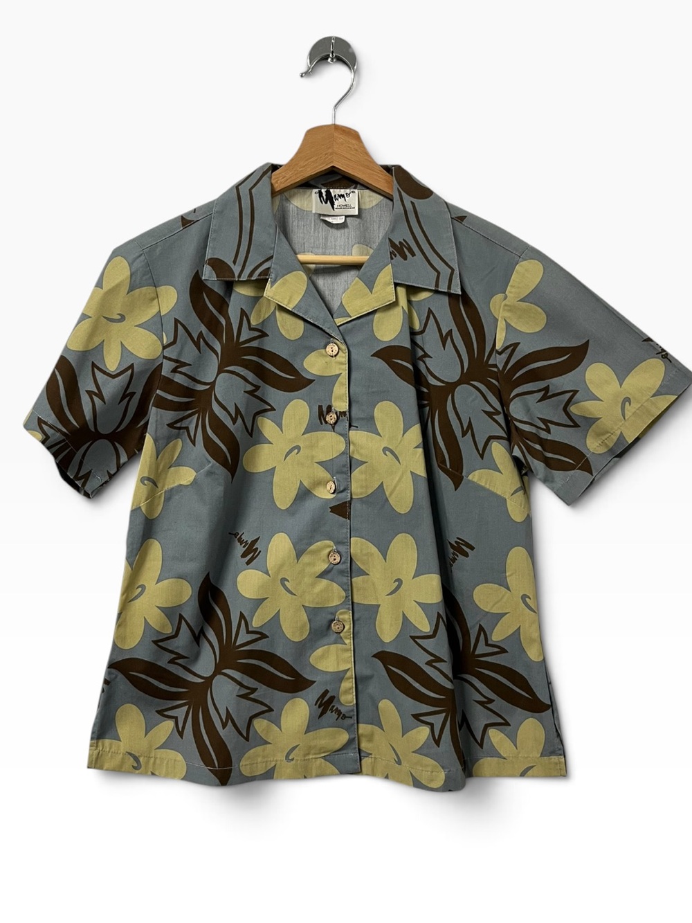 Vintage Mamo Howell Hawaiian Shirt Women’s M Gray Made in Hawaii Aloha Cotton